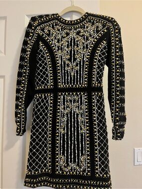 Tony Bowls Black Long Sleeve Embellished Mini Dress with Gold and Silver Beading